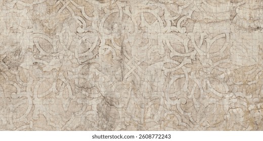 Decorative patterns with antiqued marble, travertine and damask textures in rich colors such as beige, gray, cream, brown etc.