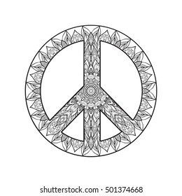 Decorative Peace symbol, hipster round pacifism sign, Black and white hipster Floral-grunge art design, Peace Hippie ornamental style. Peace image, 