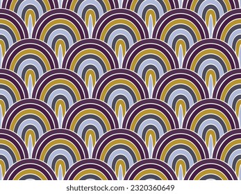 Decorative peacock feather vector repeat ornament. Multicolored fishscale texture. Mosaic peacock plumage motif. Simple lizard scale background. Asian traditional ornament.