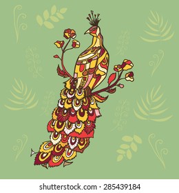 Decorative peacock illustration with variegated elements