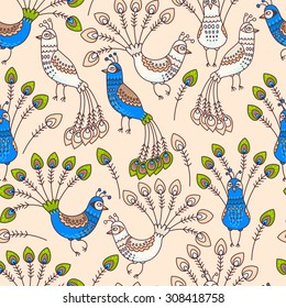 Decorative peacocks and peacock feathers seamless background