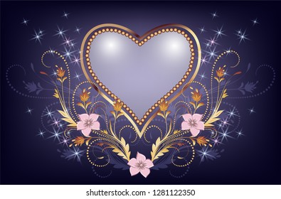 Decorative pearl heart with golden floral ornament and sparkle stars