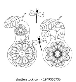 Decorative pears with a pattern and butterflies on a white background. Page of coloring books for children and adults
