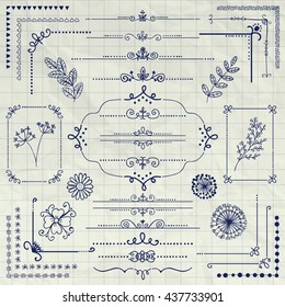 Decorative Pen Drawing Rustic Floral Doodle Corners, Branches, Frames, Dividers, Text Frames, Border Lines, Page Calligraphic Design Elements on Notebook Paper Texture. Vector Illustration.