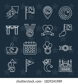 decorative pennants and turkey republic day icon set over black background, line style, vector illustration