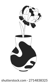 Decorative peony flower in patterned ceramic vase 2D line object. Soft bloom in modern home decor. Artistic blossom flowerpot isolated clipart vector ink outline item. Monochrome spot illustration