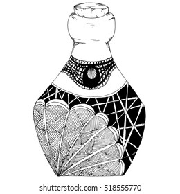 Decorative perfume sketch hand-drawn bottle in zentangl style. Vector graphics illustration. Black and white.