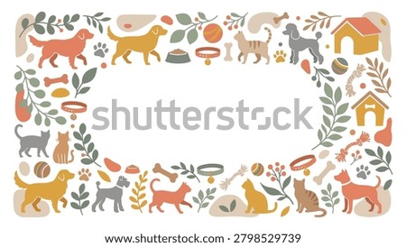 Decorative pet border frame with colorful dogs, cats, toys, bowls and houses — illustration for designers