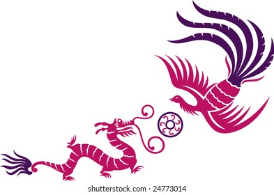 A Decorative Phoenix And Dragon With Fireball