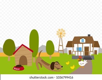 Decorative photo frame with country house and animals. Cartoon style