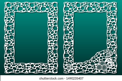 Fotogramas decorativos para corte láser, conjunto vectorial de plantillas, patrón abstracto, diseño subacuático con conchas marinas. Esténcil para corte de madera o metal, calzado o papel. 