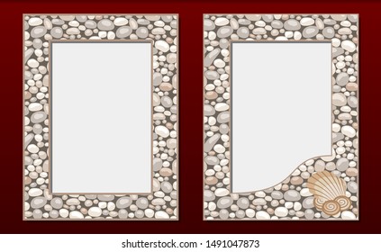 Decorative photo frames template, vector set. Frame border design with natural stone or cobble texture and seashells. For picture, image, banner, poster, card decor, paper print