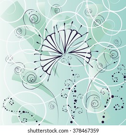 Decorative picture with abstract flower and white spirals on light blue background