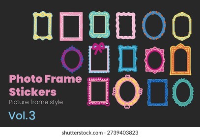 Decorative picture frame stickers set inspired by classic art and gallery frames. This collection includes colorful ornamental photo frames perfect for scrapbooking, photo albums, posters, social media posts, stories, blogs, and creative design projects. Flat vector illustration, fully editable and scalable. Vol.3.
