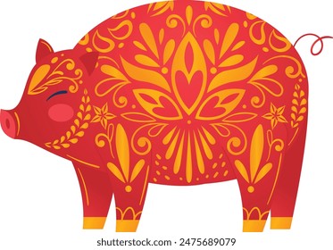 Decorative pig illustration vibrant floral patterns redyellow color scheme. Traditional folk art style intricate designs isolated white background. Ideal festive decor, cultural events, childrens