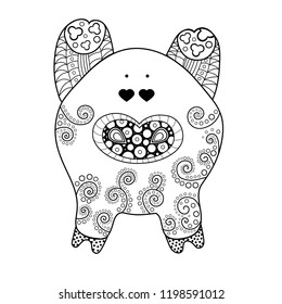 Decorative pig pattern. symbol of 2019. Hand drawn ornate pig.