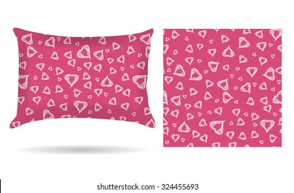 Decorative pillow with hearts pillowcase in an elegant, gentle style on a pink background. Isolated on white. Interior design element. Flavor of love. Vector illustration