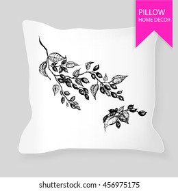 Decorative pillow for interior design with flowers. Hand drawn. Black and white