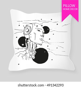 Decorative pillow for interior design with human silhouette. Hand drawn. Black and white. Cosmos