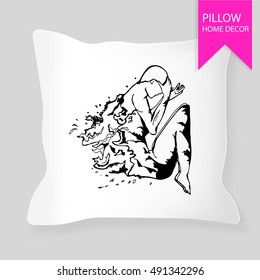 Decorative pillow for interior design with human silhouette. Hand drawn. Black and white