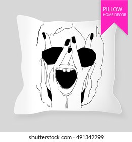 Decorative pillow for interior design with human silhouette. Hand drawn. Black and white. Pop art