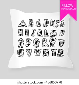 Decorative pillow for interior design. Vector illustration with alphabet