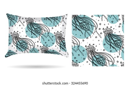 Decorative pillow with jellyfish pillowcase in an elegant, gentle style on a white background. Isolated on white. Interior design element. The aroma of the sea. Vector illustration