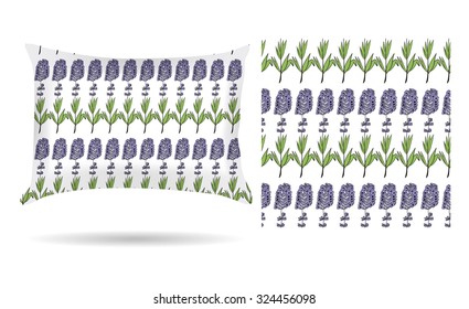 Decorative pillow with lavender flowers patterned pillowcase in an elegant, gentle style on a white background. Isolated on white. Interior design element. The flavor of France. Vector illustration