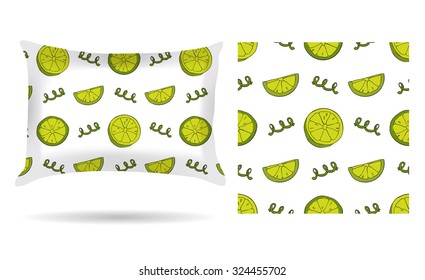 Decorative pillow with pillowcase lemons in an elegant, gentle style on a white background. Isolated on white. Interior design element. Aroma of tropical fruits. Vector illustration