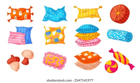 Decorative pillows. Cute sleeping roller. Forms for bedroom. Comfortable funny shapes for bed. Colorful fabric print. Modern object for interior vector garish decor, cartoon flat isolated illustration