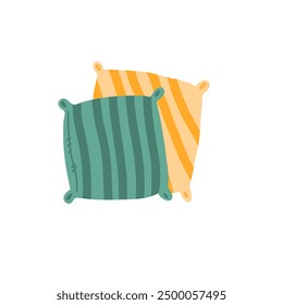 Decorative pillows green and yellow striped, interior elements for cozy home, cushions with modern pattern for comfort, color vector illustration isolated on white background, hygge style