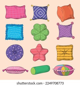 Decorative pillows. Home interior decoration different soft pillows recent vector collection