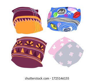 decorative pillows, interior elements for cozy home, sofa cushions with modern pattern for comfort, color vector illustration isolated on white background in doodle and hand drawn style