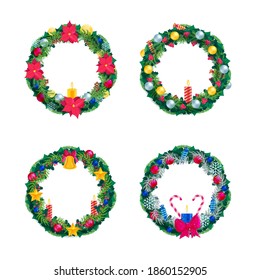 Decorative pine and holly branch Christmas wreath ornament. Stylized winter holiday embellishment with burning noel candle, mistletoe flower, bauble, twinkle star vector illustration isolated on white