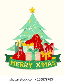 The Decorative Pine Tree with Pile of Presents and Ribbon Flag of Merry Christmas Words for the Christmas Elements.