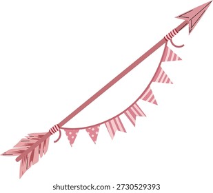 Una flecha rosa decorativa adornada con una cadena de Pequeñas banderas triangulares, creando un elemento de diseño caprichoso y festivo.