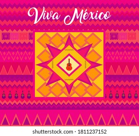 Decorative pink background, with a guitar and text in Spanish: Long live Mexico