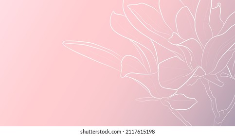 Decorative pink background with magnolia flowers. Card template design. Vector illustration.