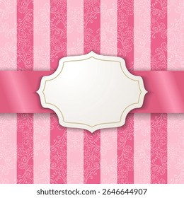 A decorative pink background with ornate patterns and a blank label in the center, suitable for invitations or announcements.