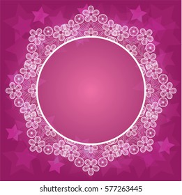 Decorative pink background with stars and tracery of white vintage laces. Vector illustration.