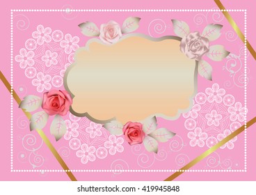 Decorative pink background with tracery of white vintage laces and pink roses. Vector illustration.