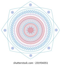 Decorative pink and blue round pattern frame on white background. Illustration for cute feminine and baby design. Dot and wave shapes. Oriental rug / napkin. Tribal ethnic ornamental textile.