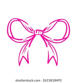 Decorative pink bow. Coquette bow. Hand drawn girly decor. Line illustration design element for Valentine day and wedding invitations, christmas cards, poster.