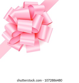 Decorative pink bow with diagonaly ribbon on the corner for page decor. Vector bow isolated on white background. Holiday decoration for Mothers day