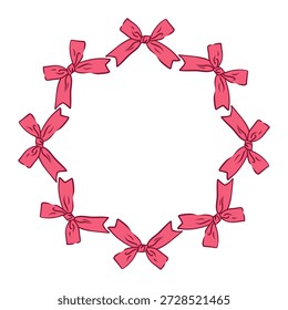 Marco de lazo rosa decorativo con borde de cinta en forma redonda. Diseño de Vector plano. Parte de una colección de marcos de arco rosa para tarjetas de felicitación, invitaciones y Plantillas de fiesta para niños.