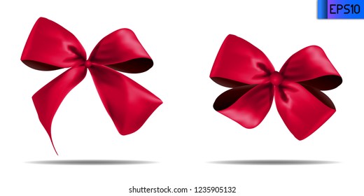 Decorative Pink bow with horizontal  isolated on white. Vector set of beautiful bows for page decor for  Holiday decoration element. Birthday or anniversary present. Vector Illustration
