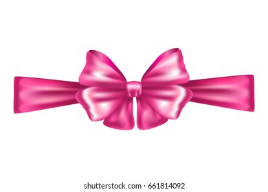 Decorative pink bow with horizontal ribbon. Vector bow for page, gift card, box decor isolated on white. Realistic Shiny pink satin ribbon. 3D