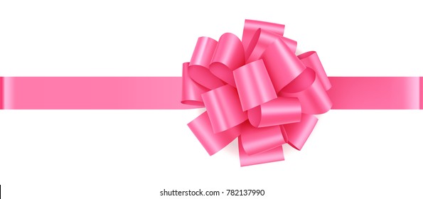 Decorative pink bow with horizontal ribbon. Vector rose bow for page decor isolated on white background