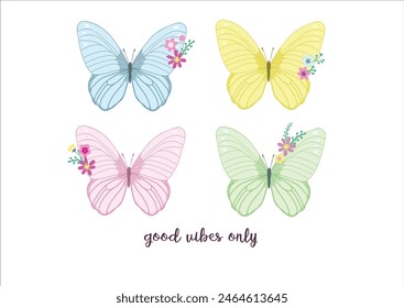 decorative pink butterflies flowers of retro vintage style butterflies. Vector illustration design for fashion, tee, t shirt, print, poster, graphic, background butterfly positive slogan inspiration