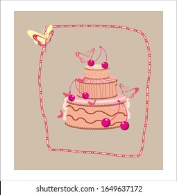 Decorative pink cake with cherry and butterfly